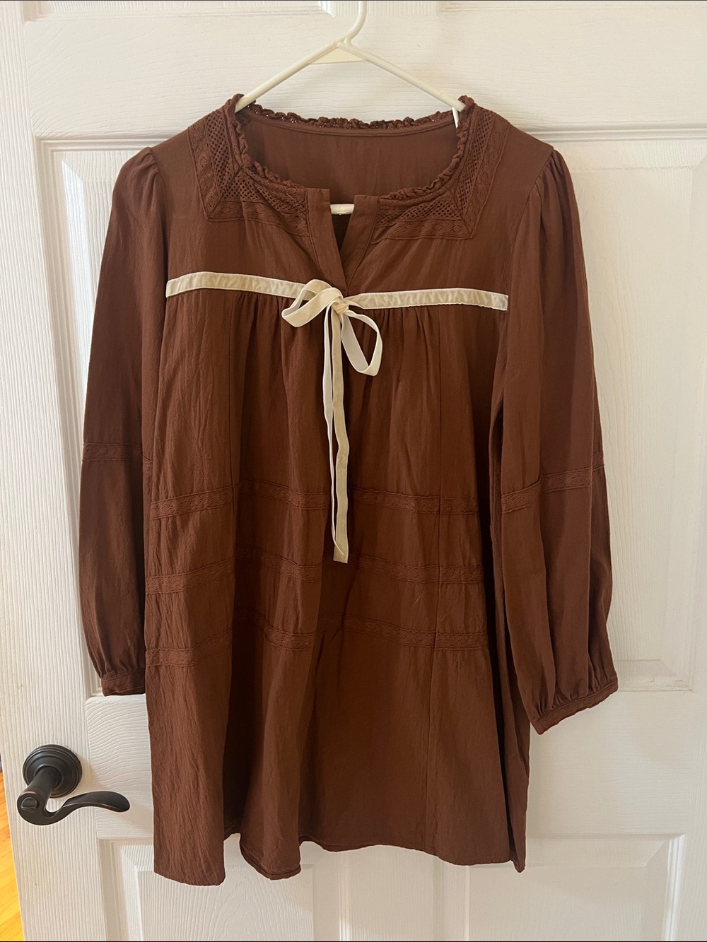 Amazon Women's Brown Long Sleeve Peasant Dress with Cream Tie